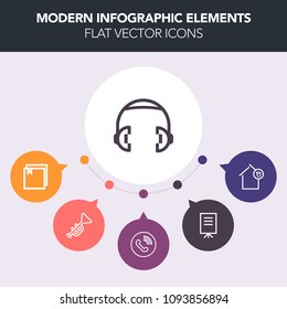 Modern, simple, colorful vector infographic background with presentation, group, phone, brass, businesswoman, folder, listen, audio, music, mortgage, circle, seminar, conference, home, archive icons
