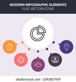 Modern, simple, colorful vector infographic background with float, swim, computer, chess, vacation, white, pointer, piece, graph, pie, map, pin, play, business, food, success, travel, strategy icons