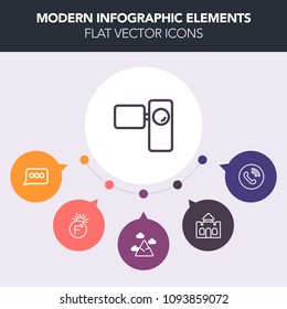 Modern, simple, colorful vector infographic background with kingdom, blue, message, communication, bubble, chat, camera, thermometer, phone, contact, circle, movie, retro, landscape, measurement icons