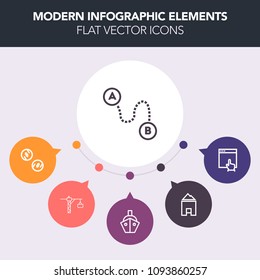 Modern, simple, colorful vector infographic background with map, boat, business, vessel, architecture, coin, hammer, position, location, house, arrow, direction, sign, cursor, cargo, technology icons