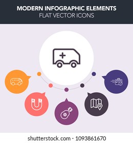 Modern, simple, colorful vector infographic background with music, guitar, magnetic, business, science, web, car, computer, highway, medical, pole, south, city, rescue, magnet, care, move, late icons