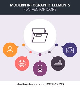 Modern, simple, colorful vector infographic background with folder, house, equipment, modern, male, furniture, technology, remote, film, aerial, drone, sink, bath, white, helicopter, camcorder icons