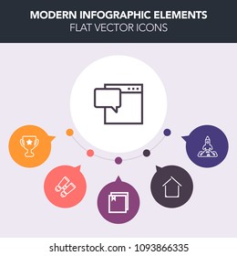 Modern, simple, colorful vector infographic background with chat, construction, view, award, speech, ribbon, victory, bubble, spaceship, modern, glasses, architecture, estate, shuttle, first icons