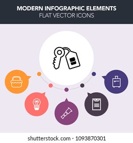 Modern, simple, colorful vector infographic background with safe, luggage, light, package, basket, picnic, night, bulb, outdoor, electric, box, lunch, bright, tourism, food, lamp, trip, journey icons