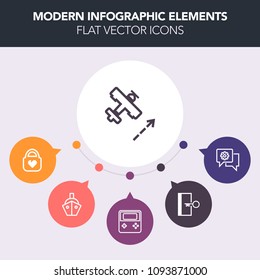 Modern, simple, colorful vector infographic background with white, plane, aircraft, fire, escape, mobile, arrow, accessory, phone, door, background, safety, transport, travel, container, style icons