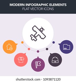 Modern, simple, colorful vector infographic background with clothing, style, flight, print, housing, t-shirt, head, transportation, usa, house, tshirt, aircraft, america, flag, file, object, hat icons