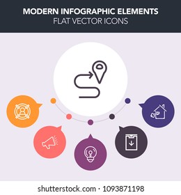 Modern, simple, colorful vector infographic background with music, electricity, target, agent, management, direction, web, arrow, navigation, property, loud, electric, house, real, pointer, home icons