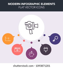 Modern, simple, colorful vector infographic background with camcorder, coin, video, equipment, professional, bank, safe, house, unlock, geometry, handle, camera, internet, energy, movie, plug icons