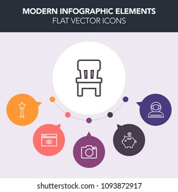 Modern, simple, colorful vector infographic background with success, computer, trophy, photo, spacesuit, white, space, investment, page, economy, prize, equipment, astronomy, pig, chair, lens icons