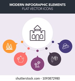 Modern, simple, colorful vector infographic background with tower, business, space, kitchen, fiction, hot, tea, alien, female, trunk, coffee, nature, seminar, castle, water, ship, spacecraft icons