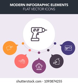 Modern, simple, colorful vector infographic background with stereo, media, desk, home, internet, web, discount, sale, tag, key, label, real, machine, price, power, bird, audio, night, late, tape icons