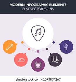 Modern, simple, colorful vector infographic background with rock, sign, navigation, young, people, baseball, guitar, pen, showing, pointing, school, time, paper, musical, location, web, concert icons