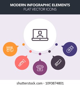 Modern, simple, colorful vector infographic background with cargo, trumpet, instrument, vehicle, bugle, dump, sound, construction, brass, building, home, drill, storage, woman, saw, telephone icons