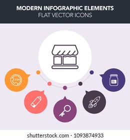 Modern, simple, colorful vector infographic background with curtain, science, container, modern, sign, security, market, help, office, aluminum, metal, headset, exploration, support, front, door icons