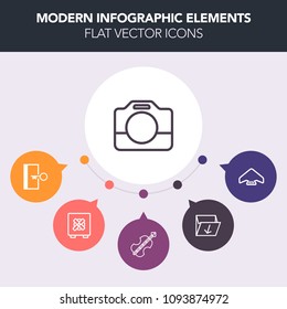 Modern, simple, colorful vector infographic background with container, skydiving, musical, camcorder, finance, media, safe, film, rubbish, recycle, waste, bank, equipment, sound, handle, camera icons