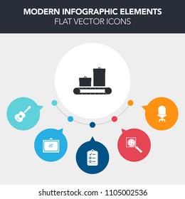 Modern, simple, colorful vector infographic background with document, rock, trolley, screen, comfort, interior, sign, glass, list, television, white, chair, bag, magnifying, modern, musical, tv icons
