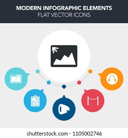 Modern, simple, colorful vector infographic background with wall, camera, picket, music, online, internet, graphic, frame, country, album, empty, digital, sign, black, headphone, electric, paper icons