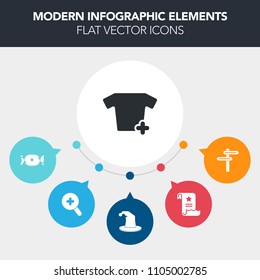 Modern, simple, colorful vector infographic background with shirt, page, magician, food, search, view, t-shirt, direction, textile, fun, lollipop, contract, element, business, hat, apparel, sign icons
