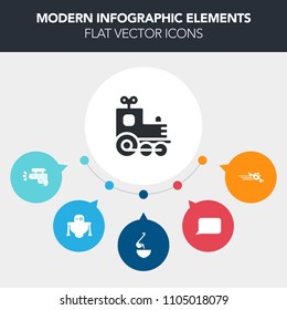Modern, simple, colorful vector infographic background with game, trip, wet, airport, robot, speech, cyborg, aircraft, future, transportation, kid, plane, locomotive, gun, toy, flight, soup, fun icons