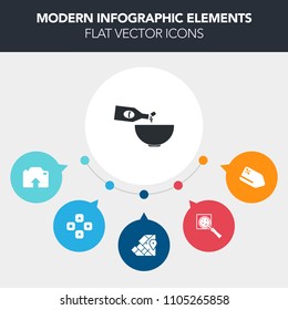 Modern, simple, colorful vector infographic background with tag, price, photo, glass, video, global, play, coupon, game, magnification, drink, restaurant, meal, dinner, geography, magnifying icons