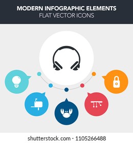 Modern, simple, colorful vector infographic background with pendulum, lock, restaurant, equipment, listen, technology, sign, delicious, audio, electricity, light, seafood, earphone, safety, post icons