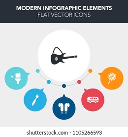 Modern, simple, colorful vector infographic background with urban, stick, candy, paintbrush, street, brush, stereo, earphone, musical, work, sweet, instrument, concert, transportation, dessert icons