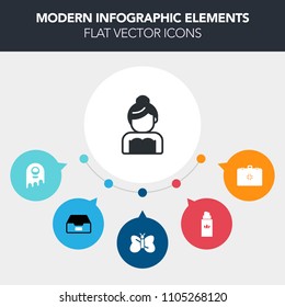 Modern, simple, colorful vector infographic background with dress, alien, science, bride, bottle, young, beauty, couple, aroma, love, product, cosmetic, aid, wedding, marriage, office, character icons