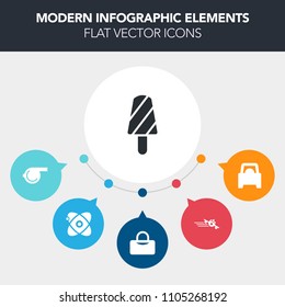 Modern, simple, colorful vector infographic background with fruit, space, object, aircraft, universe, departure, snack, whistle, travel, food, stick, flight, tool, automobile, cold, summer, sign icons