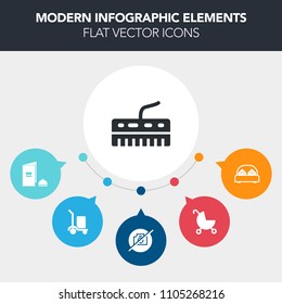 Modern, simple, colorful vector infographic background with pram, house, furniture, box, double, no, stroller, page, sign, buggy, photo, home, book, camera, child, white, instrument, bed, piano icons
