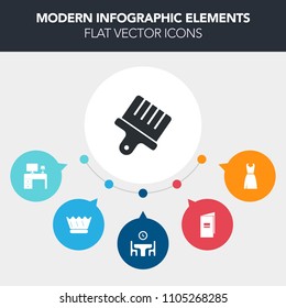 Modern, simple, colorful vector infographic background with kingdom, fashion, time, clothing, kitchen, color, woman, page, crown, queen, work, paintbrush, business, happy, ink, beauty, female icons