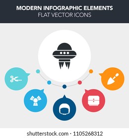 Modern, simple, colorful vector infographic background with work, cut, spacecraft, drill, paper, shovel, space, furniture, object, safety, vehicle, spaceship, tool, belt, builder, flying, office icons