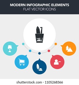 Modern, simple, colorful vector infographic background with web, pictogram, store, trunk, market, pine, lamp, trolley, calligraphy, interior, brush, table, toothpaste, forest, home, modern, care icons