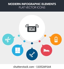 Modern, simple, colorful vector infographic background with rake, cut, outdoor, white, house, cell, mobile, bed, garden, communication, black, sign, closet, raking, internet, tool, technology icons