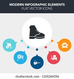 Modern, simple, colorful vector infographic background with footwear, suit, vehicle, musical, sign, science, candy, helmet, car, business, space, wear, colorful, handicap, rock, cosmos, sound icons