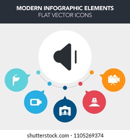 Modern, simple, colorful vector infographic background with full, music, projector, faucet, projection, clean, electricity, presentation, business, volume, tap, planet, sink, up, spaceship, home icons