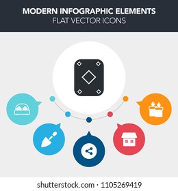 Modern, simple, colorful vector infographic background with gambling, hammer, play, double, white, media, flame, poker, card, celebration, construction, house, tool, technology, game, button icons