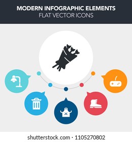 Modern, simple, colorful vector infographic background with button, clothing, brown, flower, leather, garbage, table, recycling, light, foot, decoration, pink, lamp, bouquet, rubbish, restaurant icons