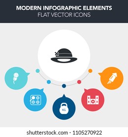 Modern, simple, colorful vector infographic background with cap, light, voice, gas, fitness, party, cooking, appliance, speech, celebration, year, fire, mic, holiday, festival, weight, stove, tv icons