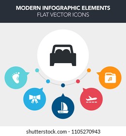 Modern, simple, colorful vector infographic background with transportation, elegance, document, clothing, travel, departure, internet, suit, flight, sailboat, wind, music, small, sail, accessory icons