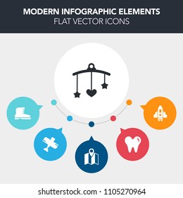 Modern, simple, colorful vector infographic background with newborn, location, toy, dentistry, galaxy, travel, rocket, nursery, bed, leather, style, craft, boot, space, white, crib, transport icons