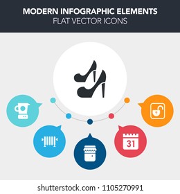 Modern, simple, colorful vector infographic background with date, pan, beauty, girl, jar, knife, mixer, time, heater, fashion, security, day, female, lady, tool, glass, heat, safety, timetable icons