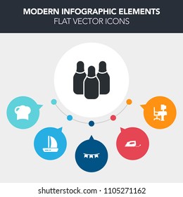 Modern, simple, colorful vector infographic background with flag, party, cook, cone, iron, uniform, travel, wind, competition, top, sailboat, kitchen, equipment, notebook, desk, white, leisure icons