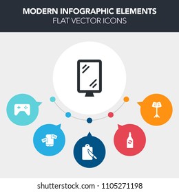 Modern, simple, colorful vector infographic background with music, button, controller, musician, concert, internet, city, drink, orchestra, cutlery, traffic, street, element, tool, phone, white icons