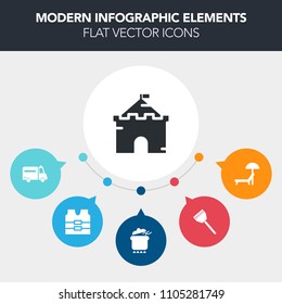 Modern, simple, colorful vector infographic background with construction, building, fantasy, food, ambulance, health, holiday, care, chef, meal, safety, dinner, relaxation, pan, old, kingdom icons