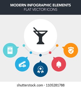 Modern, simple, colorful vector infographic background with package, bell, winner, sound, juice, cocktail, ribbon, bar, glass, check, box, tropical, champion, cold, alarm, ring, award, summer icons
