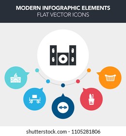 Modern, simple, colorful vector infographic background with city, gym, audio, space, food, fitness, toothbrush, business, desk, notebook, sport, weight, dental, basket, technology, government icons