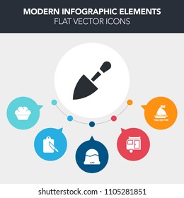 Modern, simple, colorful vector infographic background with chocolate, sweet, doughnut, kitchen, restaurant, hammer, cupcake, drill, nature, equipment, board, travel, trailer, knife, shovel, hat icons