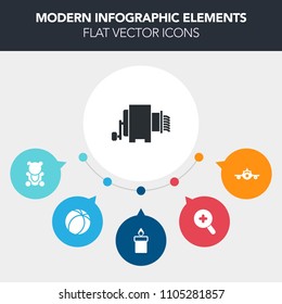 Modern, simple, colorful vector infographic background with transportation, spaghetti, kick, fire, magnifying, glass, decoration, animal, food, childhood, zoom, view, goal, fluffy, wax, brown icons