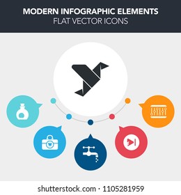 Modern, simple, colorful vector infographic background with olive, brush, vegetarian, button, video, bird, graphic, origami, faucet, art, paste, water, tooth, geometric, media, equality, food icons