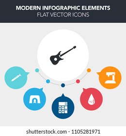 Modern, simple, colorful vector infographic background with liquid, winter, sewing, button, fire, business, mathematics, accounting, sound, concert, home, concept, rock, music, finance, tailor icons